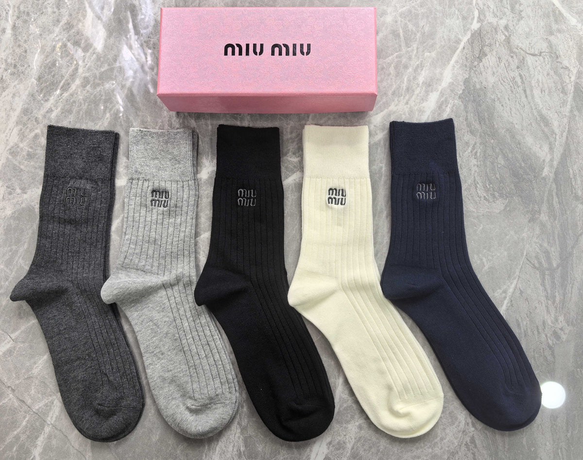 Miu Miu Neutral Navy Black Plain Tall Cuffs Crew Socks, image 1