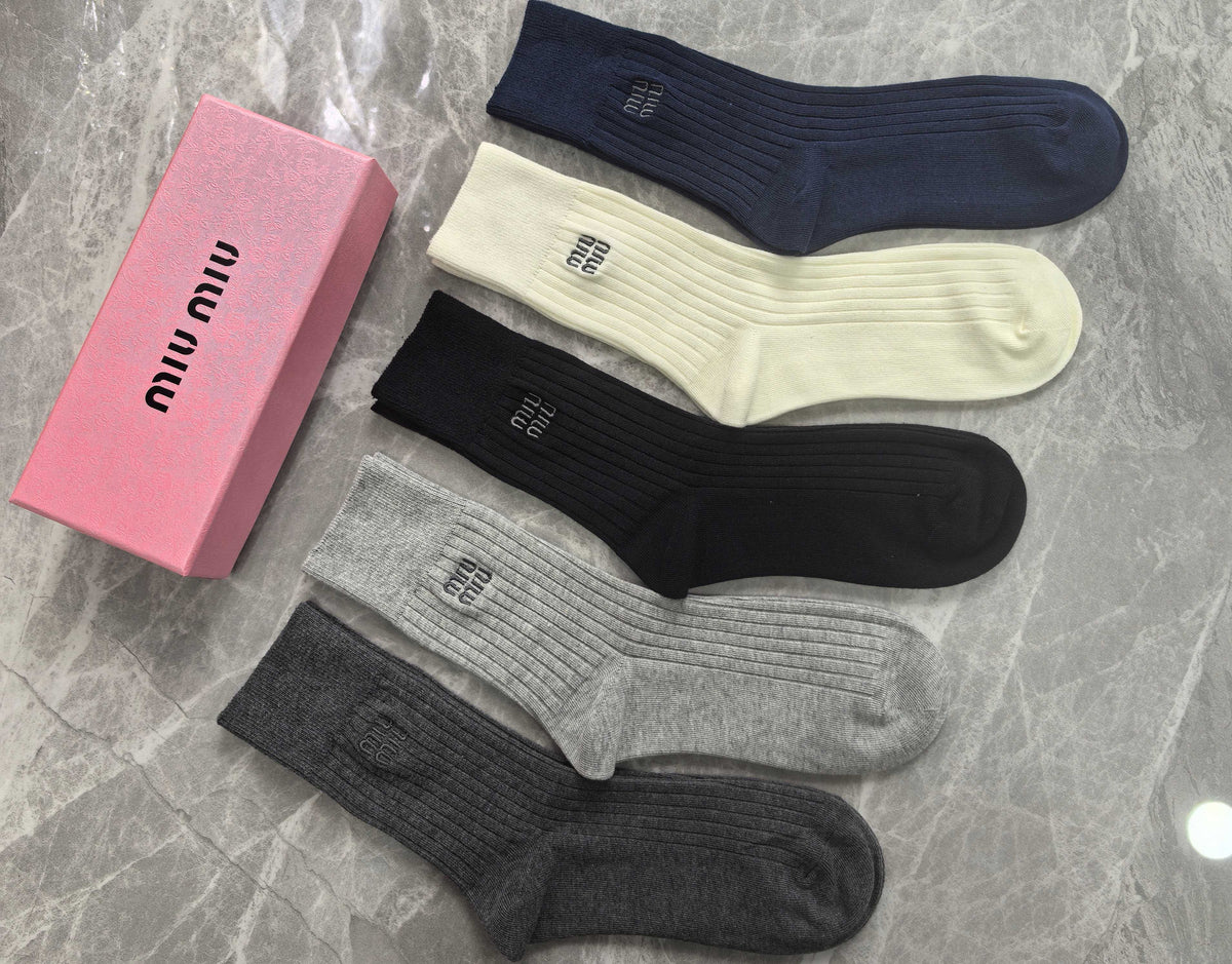 Miu Miu Neutral Navy Black Plain Tall Cuffs Crew Socks, image 4