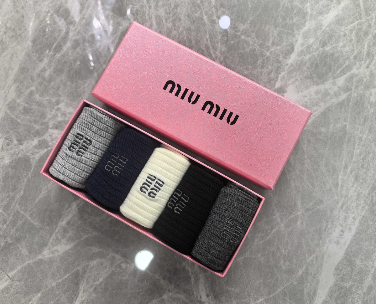 Miu Miu Neutral Navy Black Plain Tall Cuffs Crew Socks, image 6