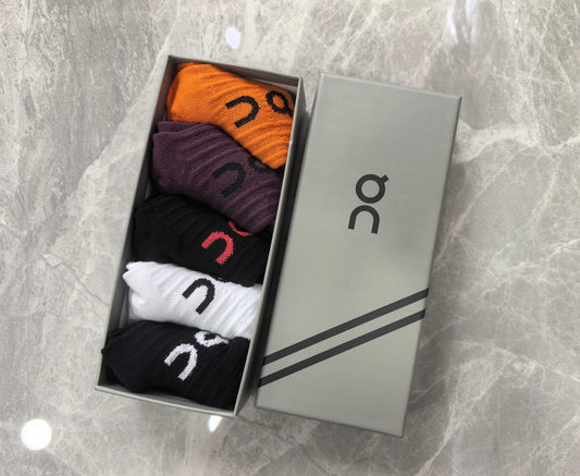 On Boxed Orange Burgundy Grey Wordmarks Crew Socks, image 1