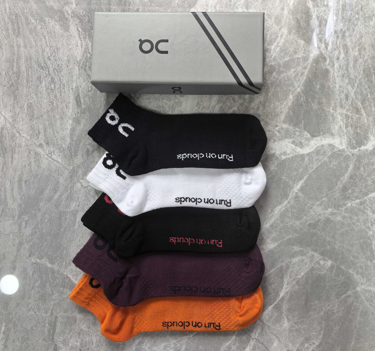 On Boxed Orange Burgundy Grey Wordmarks Crew Socks, image 3
