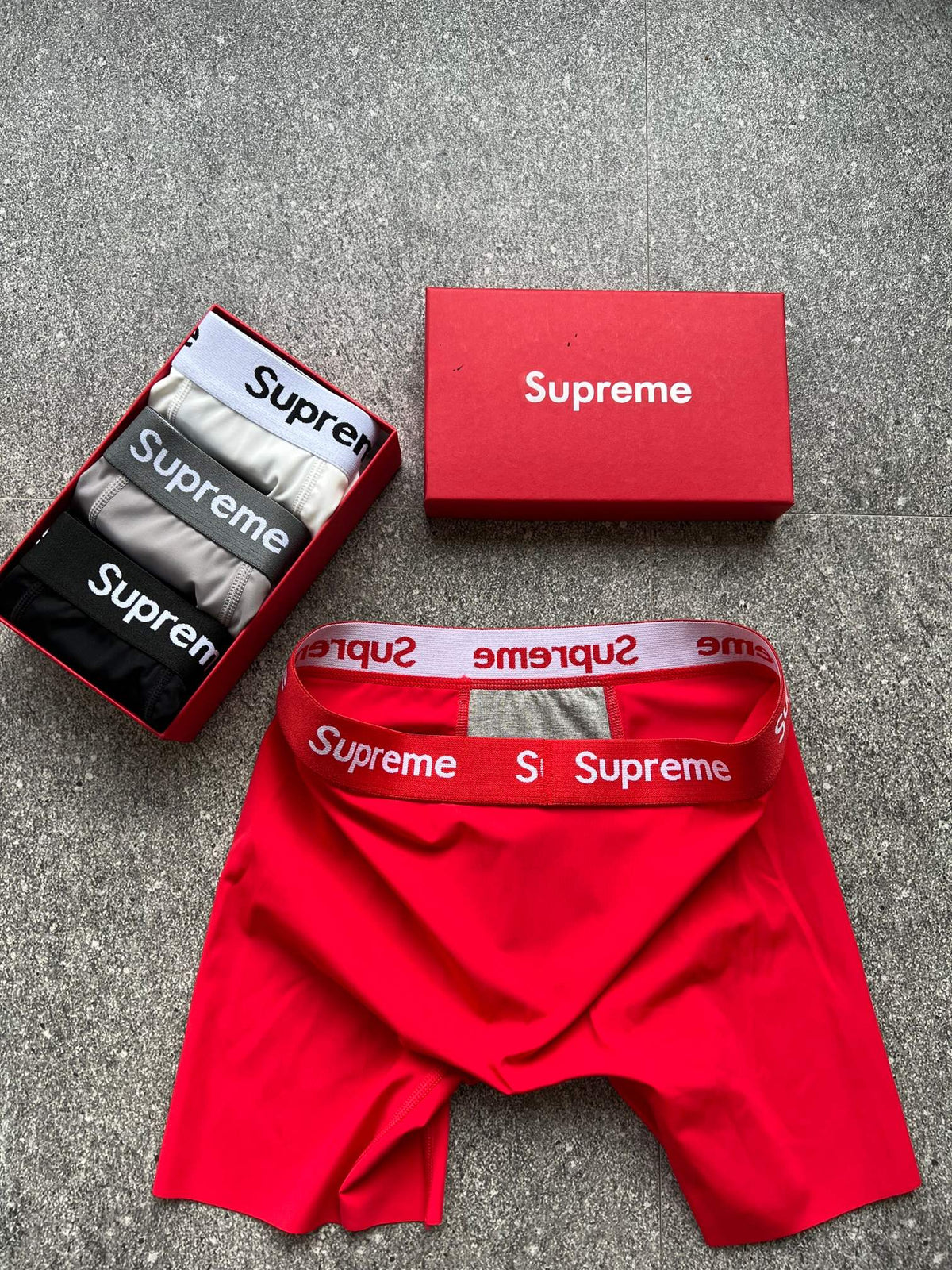 Supreme Grey White Red Black Lettered Waistband Long-Leg Boxer Briefs, image 2