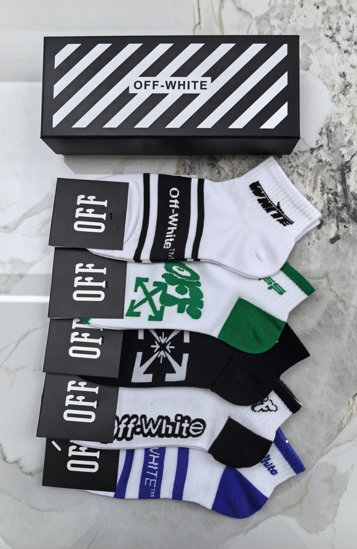 Off-White Black White Green Blue Mixed Letter Graphics Ankle Socks, image 1