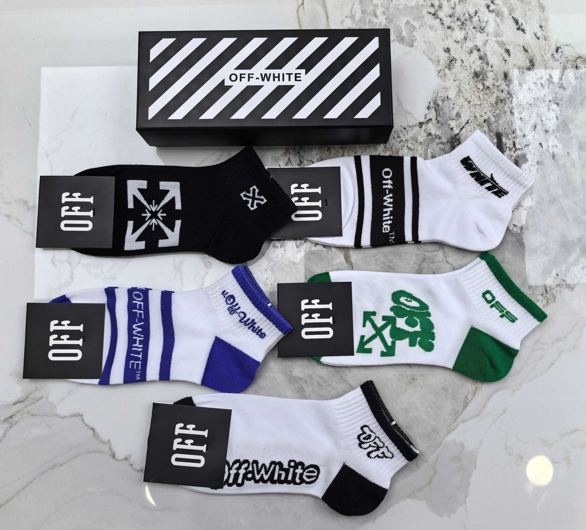 Off-White Black White Green Blue Mixed Letter Graphics Ankle Socks, image 3