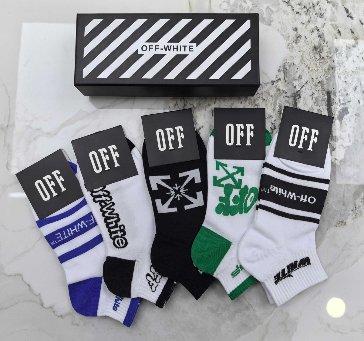 Off-White Black White Green Blue Mixed Letter Graphics Ankle Socks, image 2