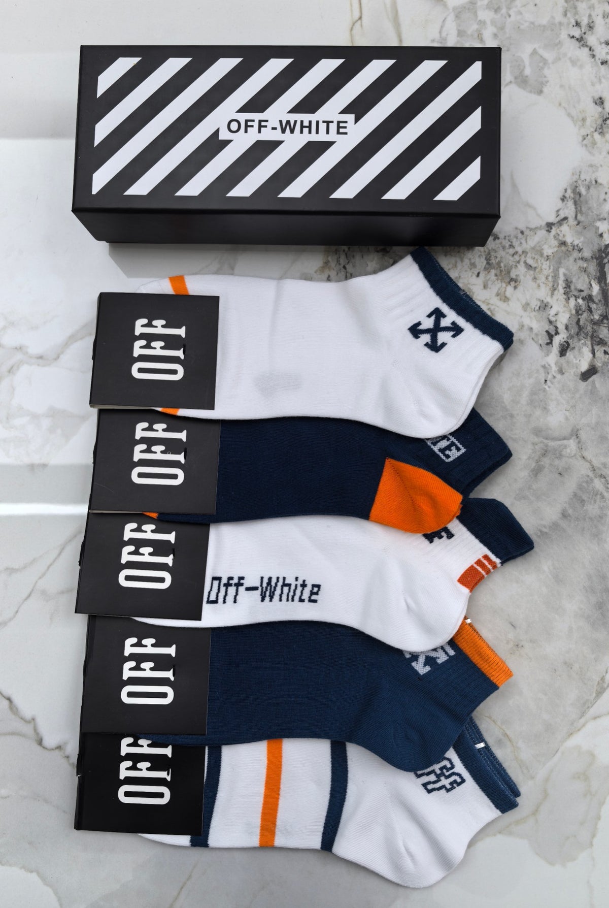 Off-White Neutral Blue Orange Mixed Letter Panels Ankle Socks, image 1