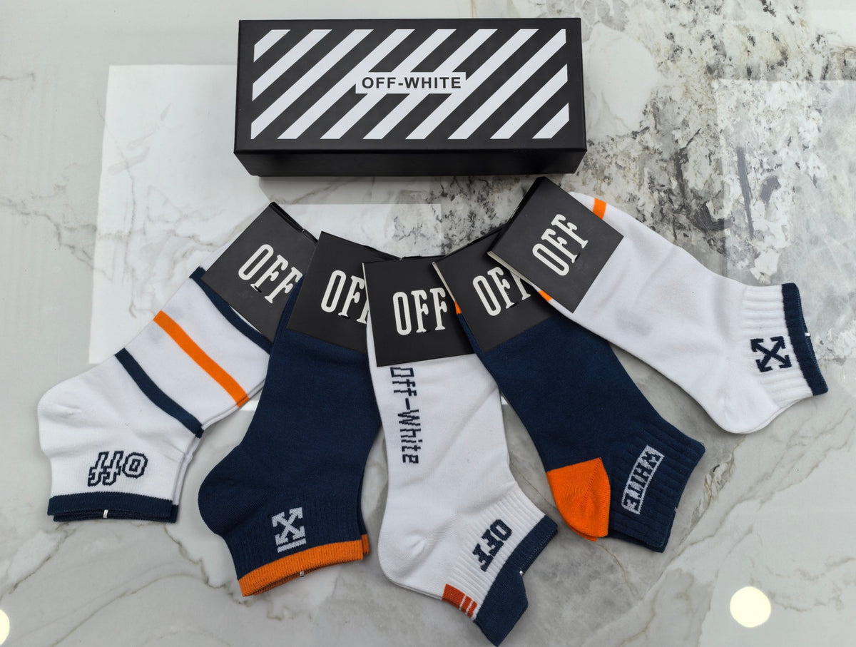 Off-White Neutral Blue Orange Mixed Letter Panels Ankle Socks, image 5