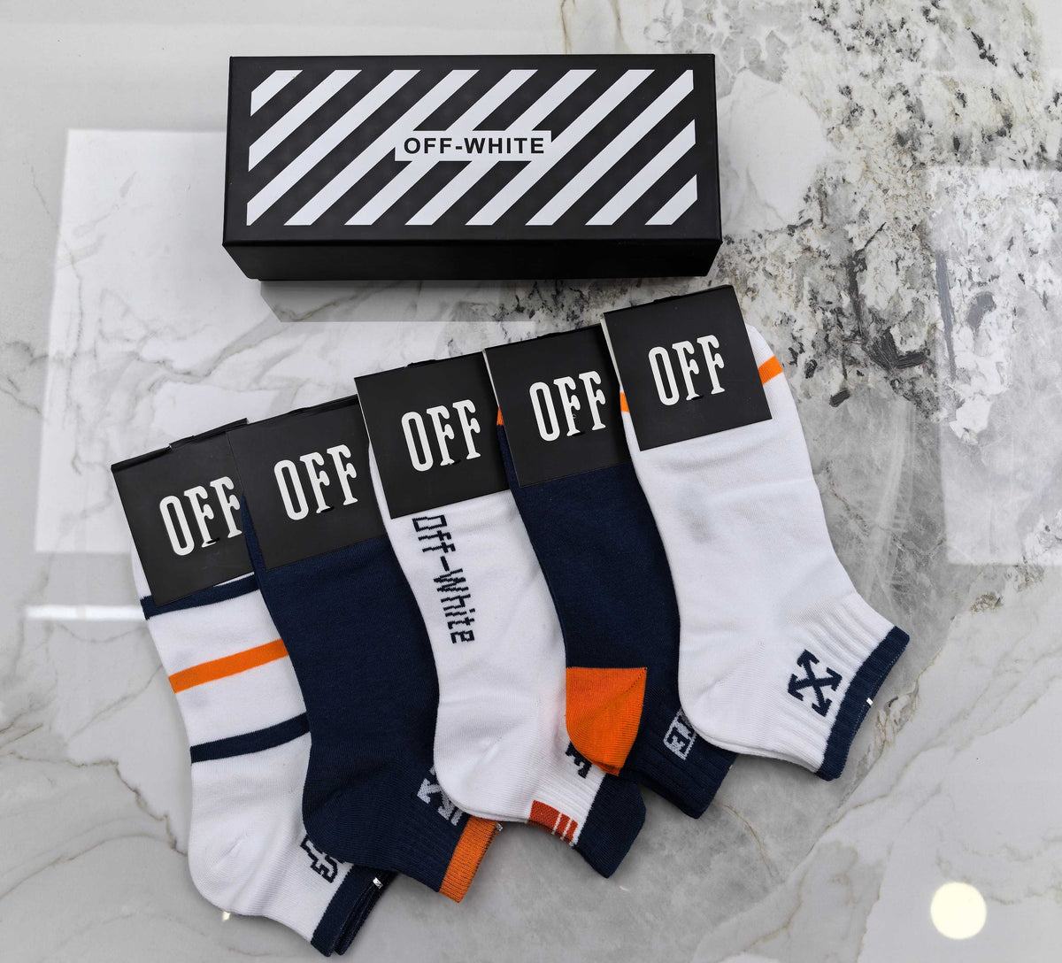 Off-White Neutral Blue Orange Mixed Letter Panels Ankle Socks, image 2