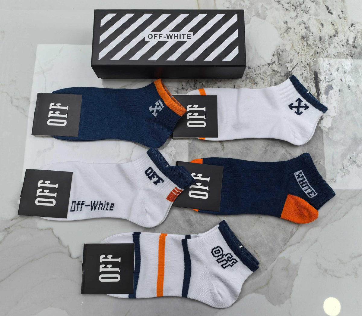 Off-White Neutral Blue Orange Mixed Letter Panels Ankle Socks, image 3