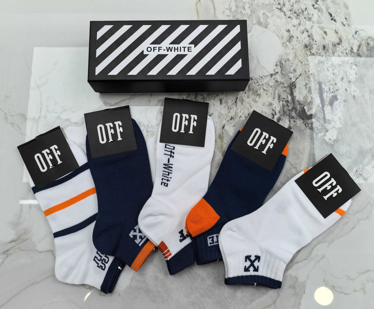 Off-White Neutral Blue Orange Mixed Letter Panels Ankle Socks, image 4
