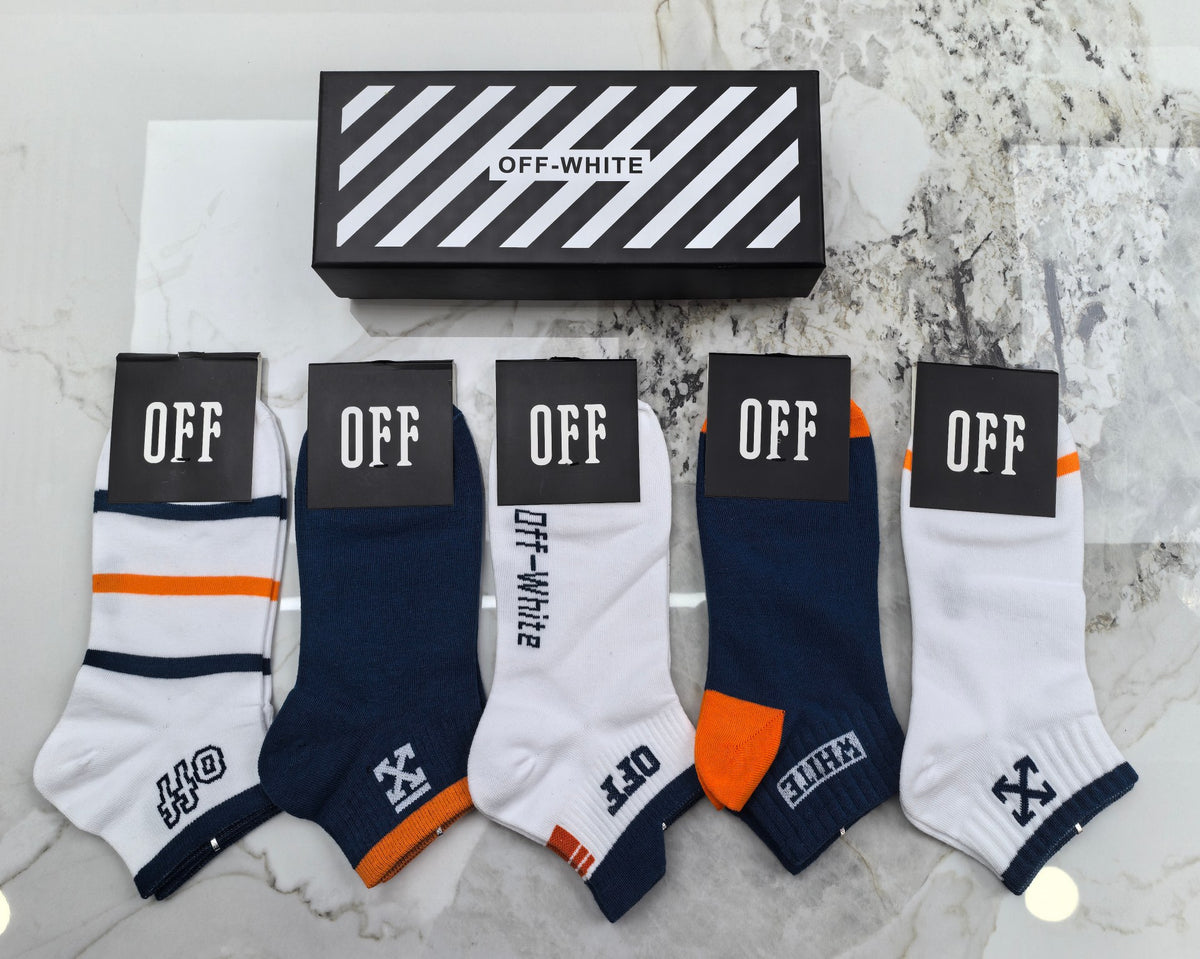 Off-White Neutral Blue Orange Mixed Letter Panels Ankle Socks, image 6