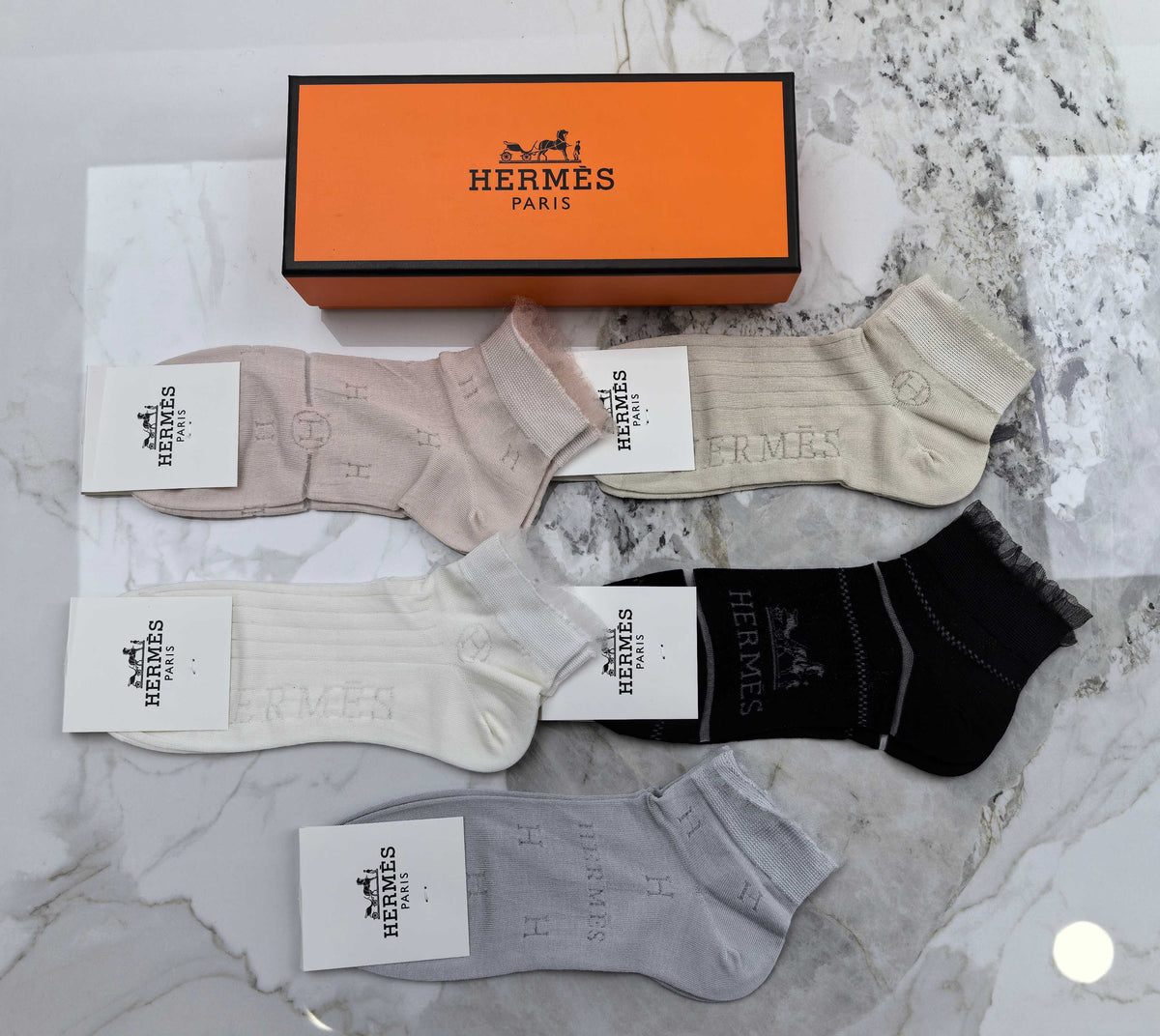 Hermès White Grey Black Small Cuff Carriage Crew Socks, image 4