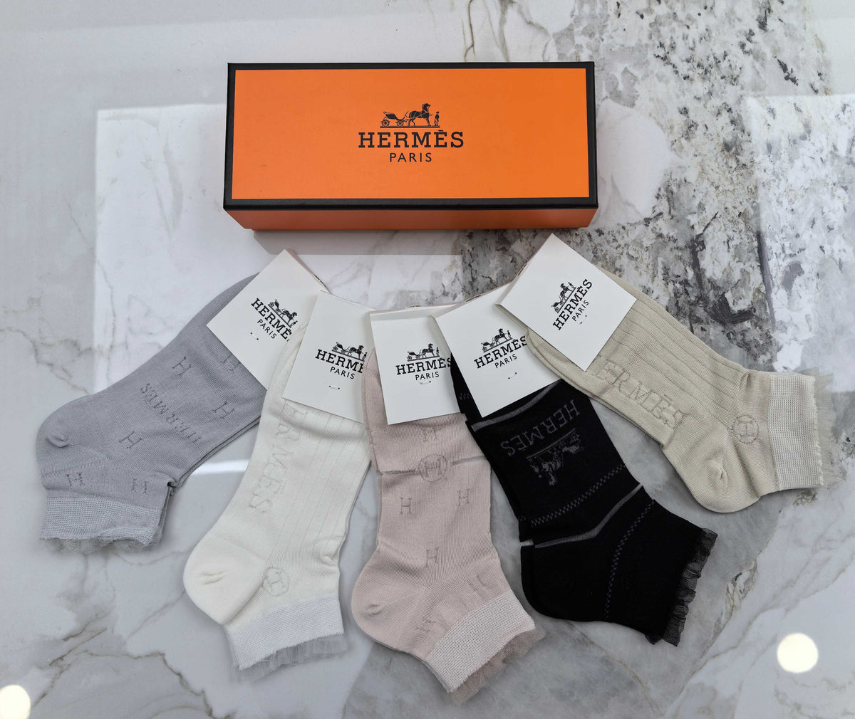 Hermès White Grey Black Small Cuff Carriage Crew Socks, image 2