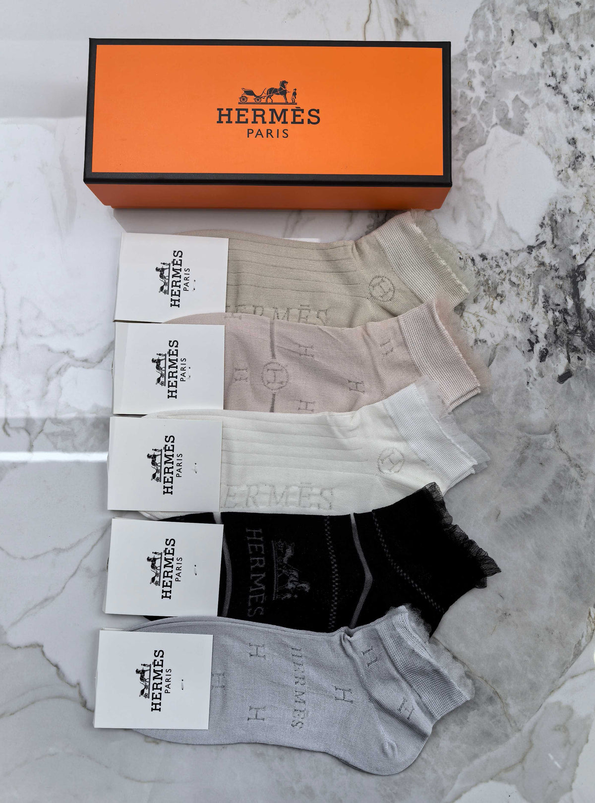 Hermès White Grey Black Small Cuff Carriage Crew Socks, image 6