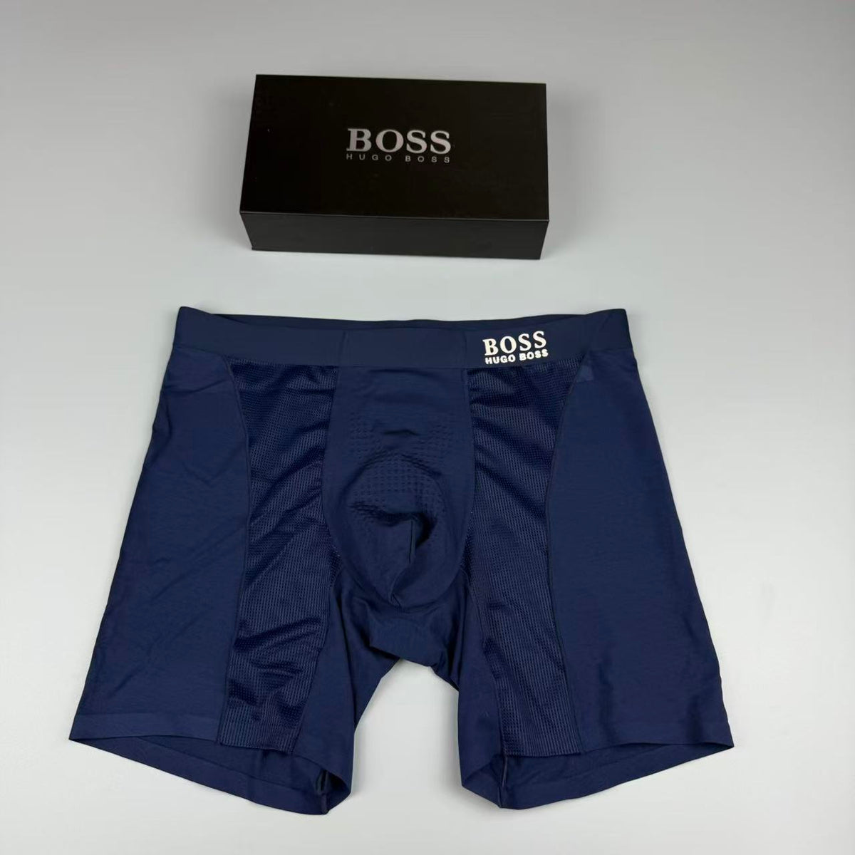 BOSS Navy Extended Leg Small Wordmark Long-Leg Boxer Briefs, image 1