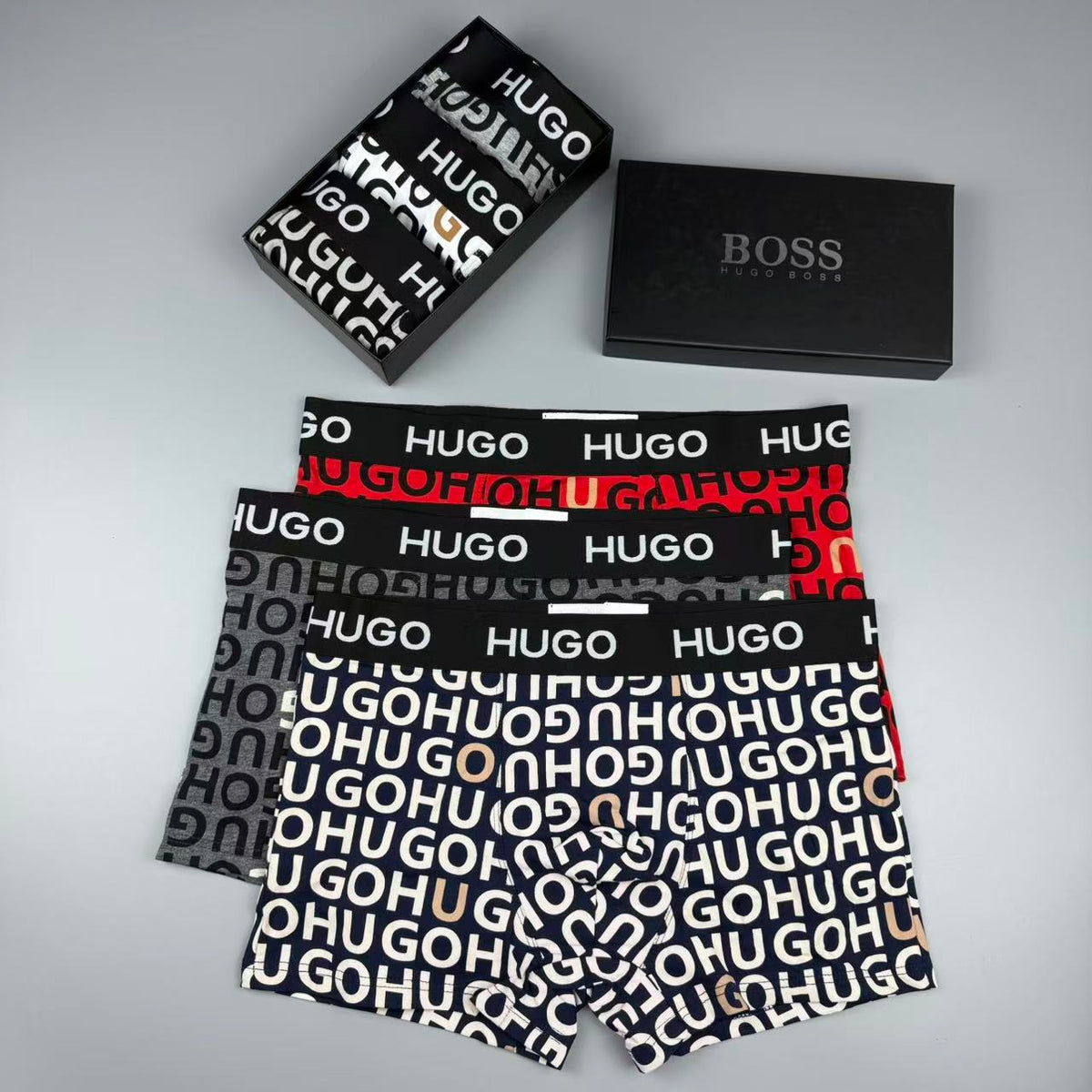 HUGO Black White Allover HUGO Letters Boxer Briefs, image 4