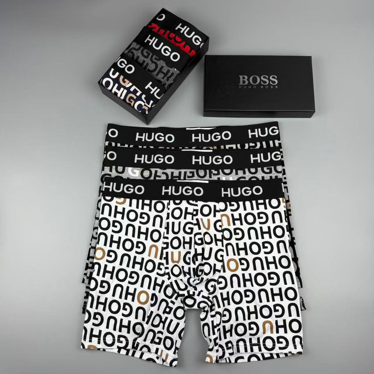 HUGO Black White Allover HUGO Letters Boxer Briefs, image 14