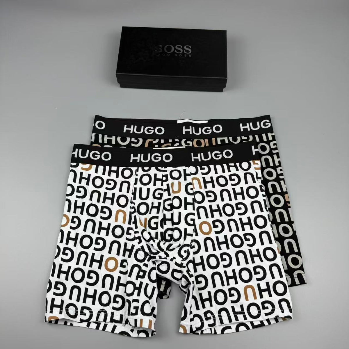 HUGO Black White Allover HUGO Letters Boxer Briefs, image 10