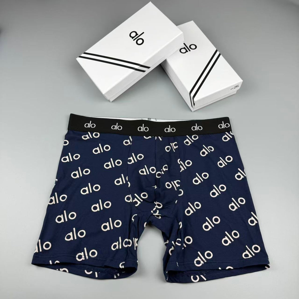 Alo Navy White Repeating Letter Print Boxer Briefs, image 1