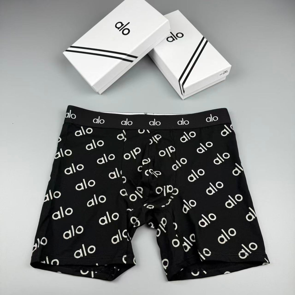 Alo Navy White Repeating Letter Print Boxer Briefs, image 2
