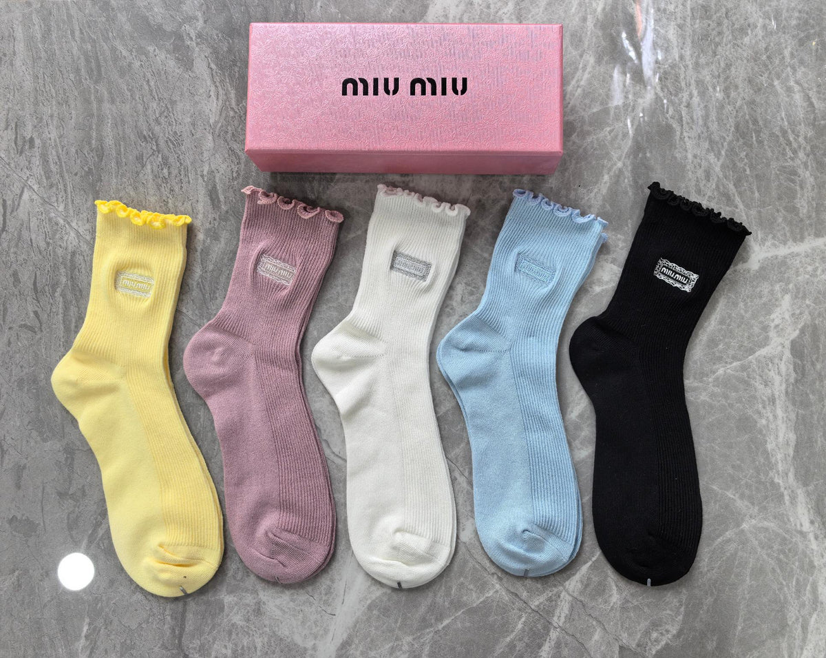 Miu Miu Pastel Yellow Pink Blue Plain Rib Crew Socks, image 1