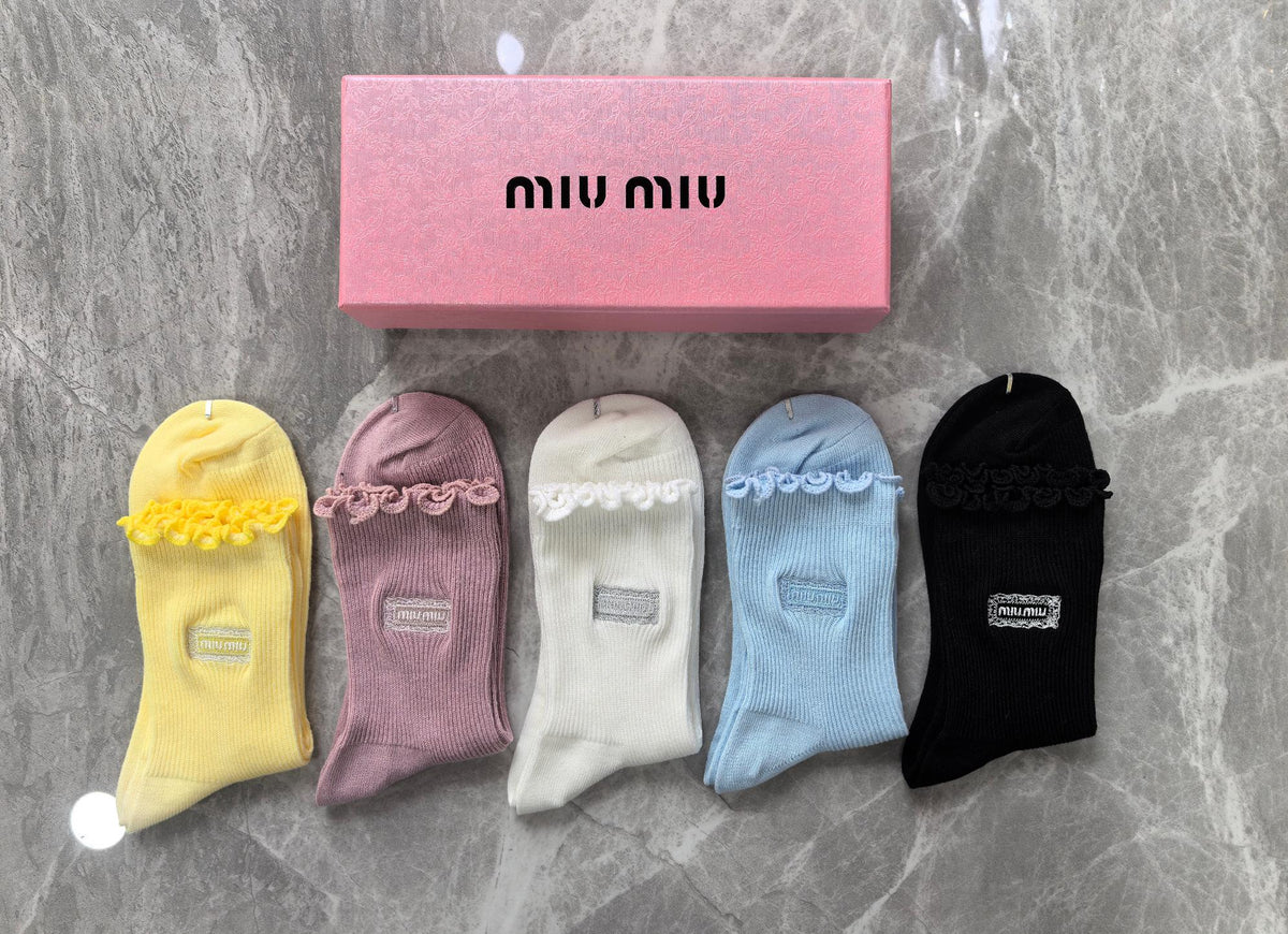 Miu Miu Pastel Yellow Pink Blue Plain Rib Crew Socks, image 4