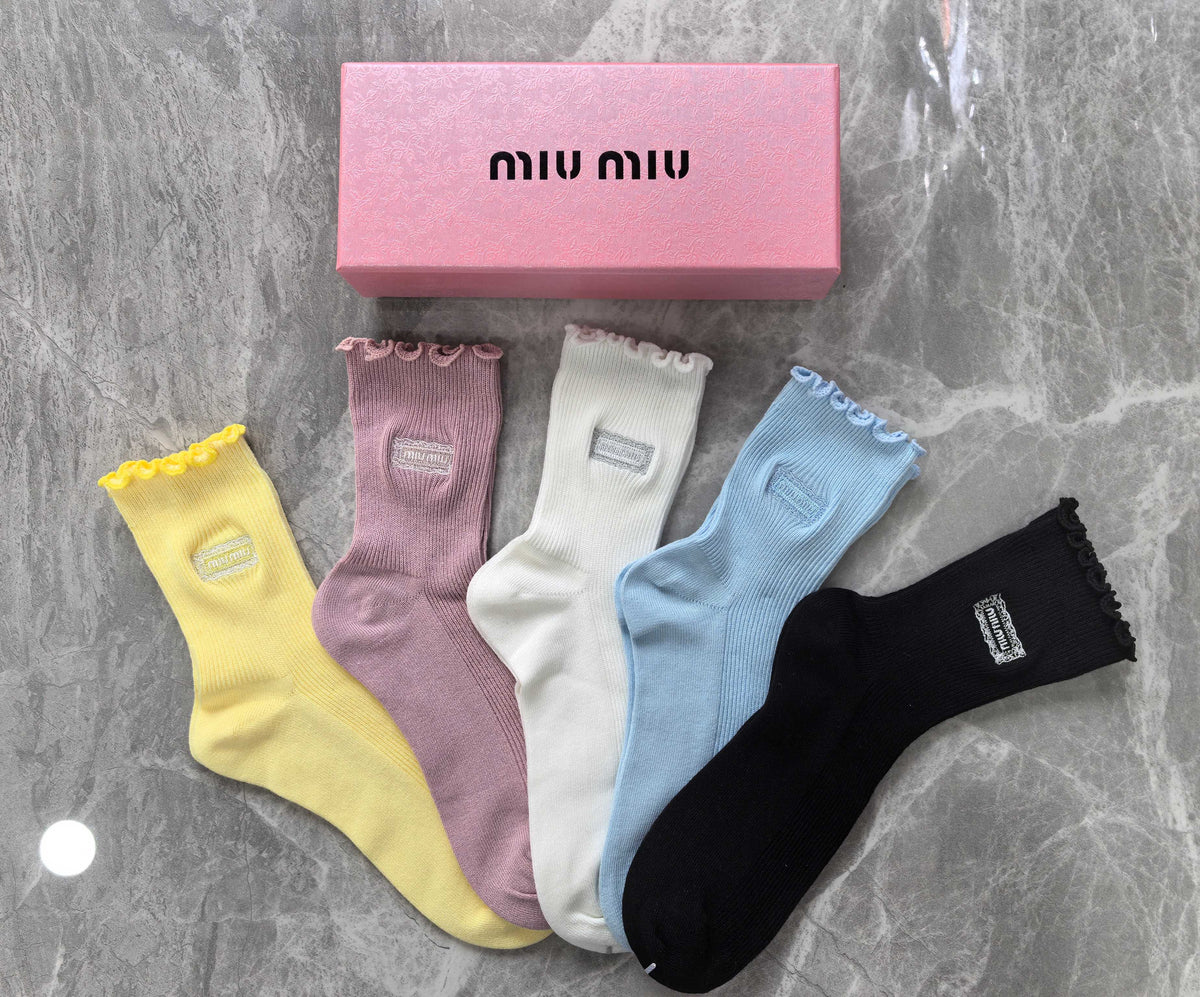 Miu Miu Pastel Yellow Pink Blue Plain Rib Crew Socks, image 2