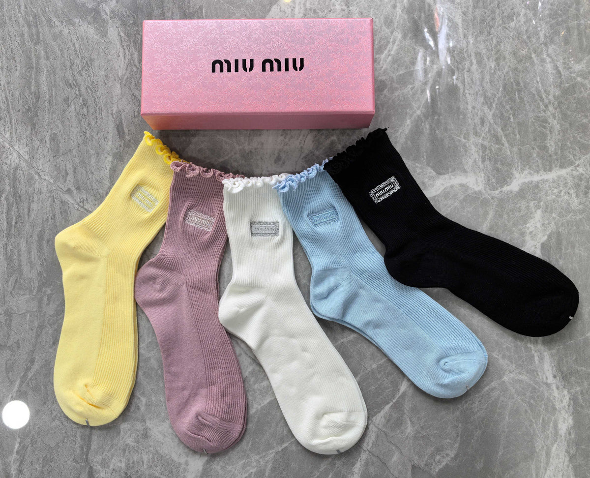 Miu Miu Pastel Yellow Pink Blue Plain Rib Crew Socks, image 3