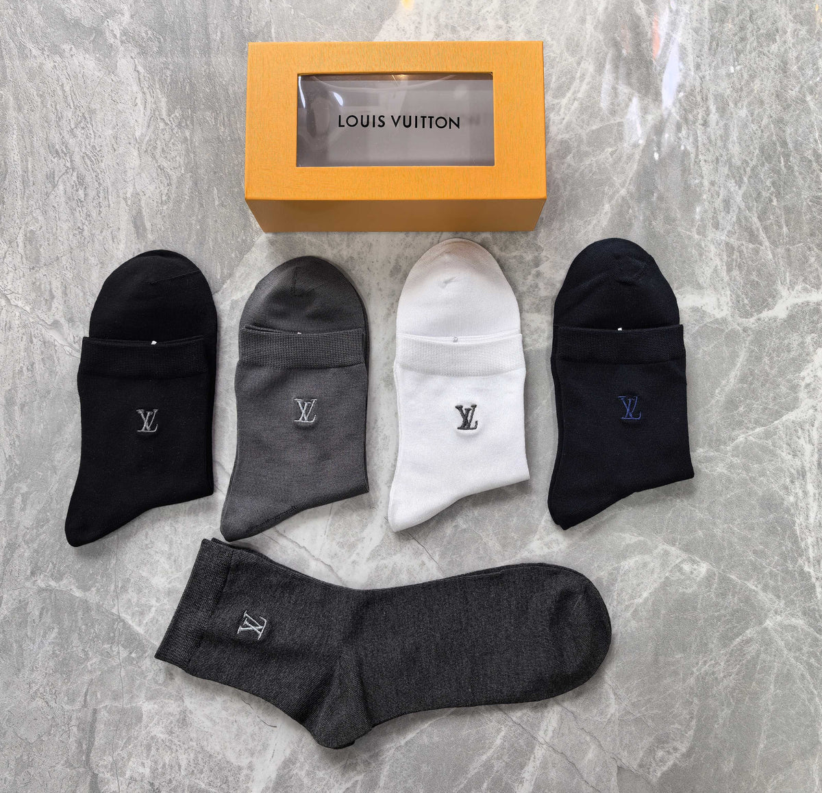Louis Vuitton Black White Grey Plain Rib Mix Crew Socks, image 4