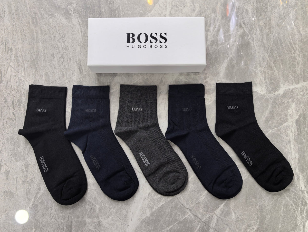 BOSS Black Grey Navy Plain Rib Cuffs Crew Socks, image 1