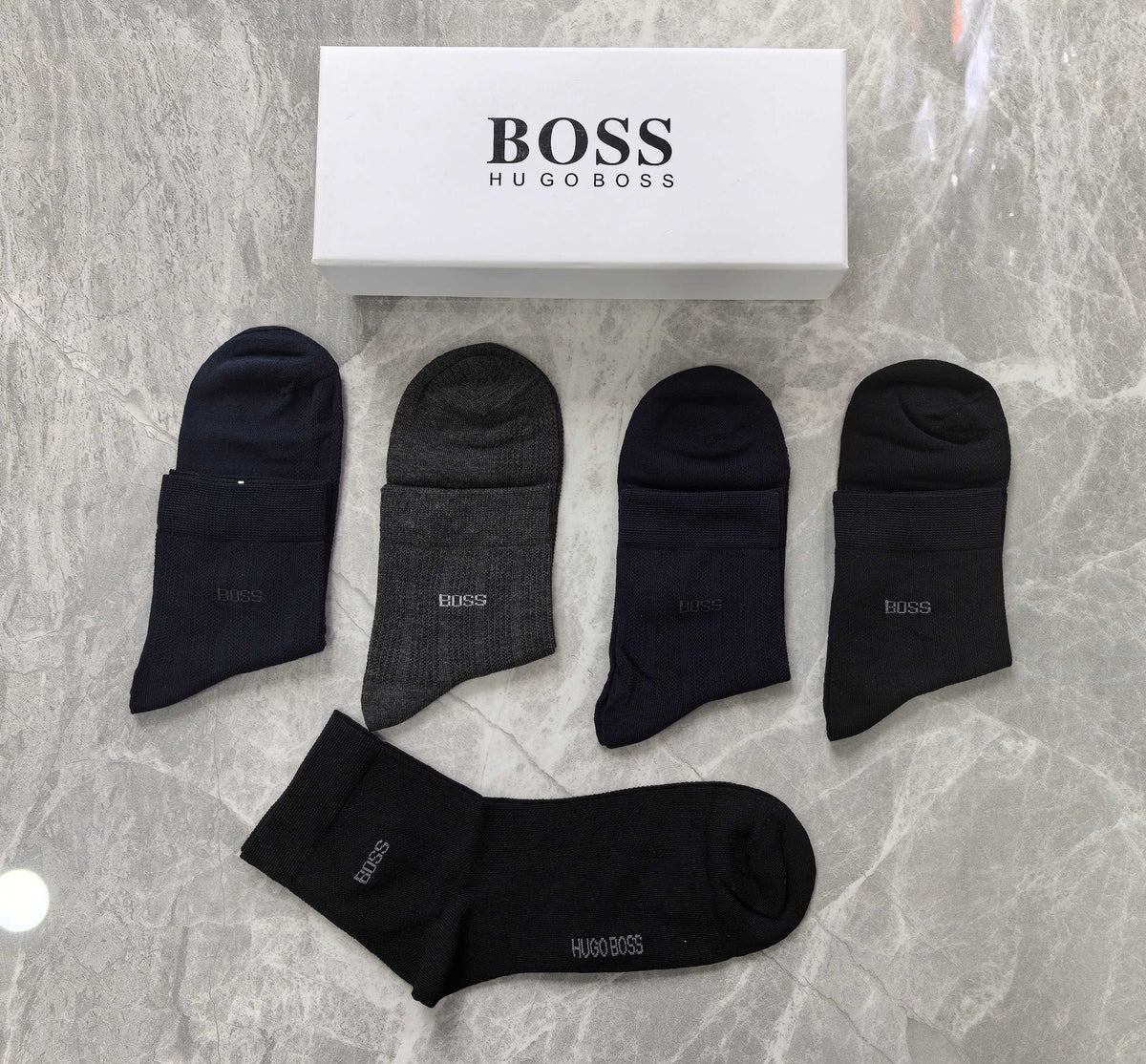 BOSS Black Grey Navy Plain Rib Cuffs Crew Socks, image 4