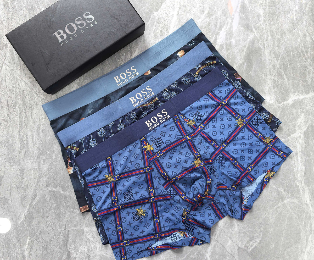 BOSS Blue Burgundy Dense Monogram Print Boxer Briefs, image 1