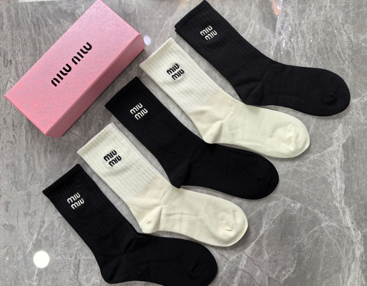 Miu Miu Boxed Black Cream Stacked Wordmarks Crew Socks, image 5