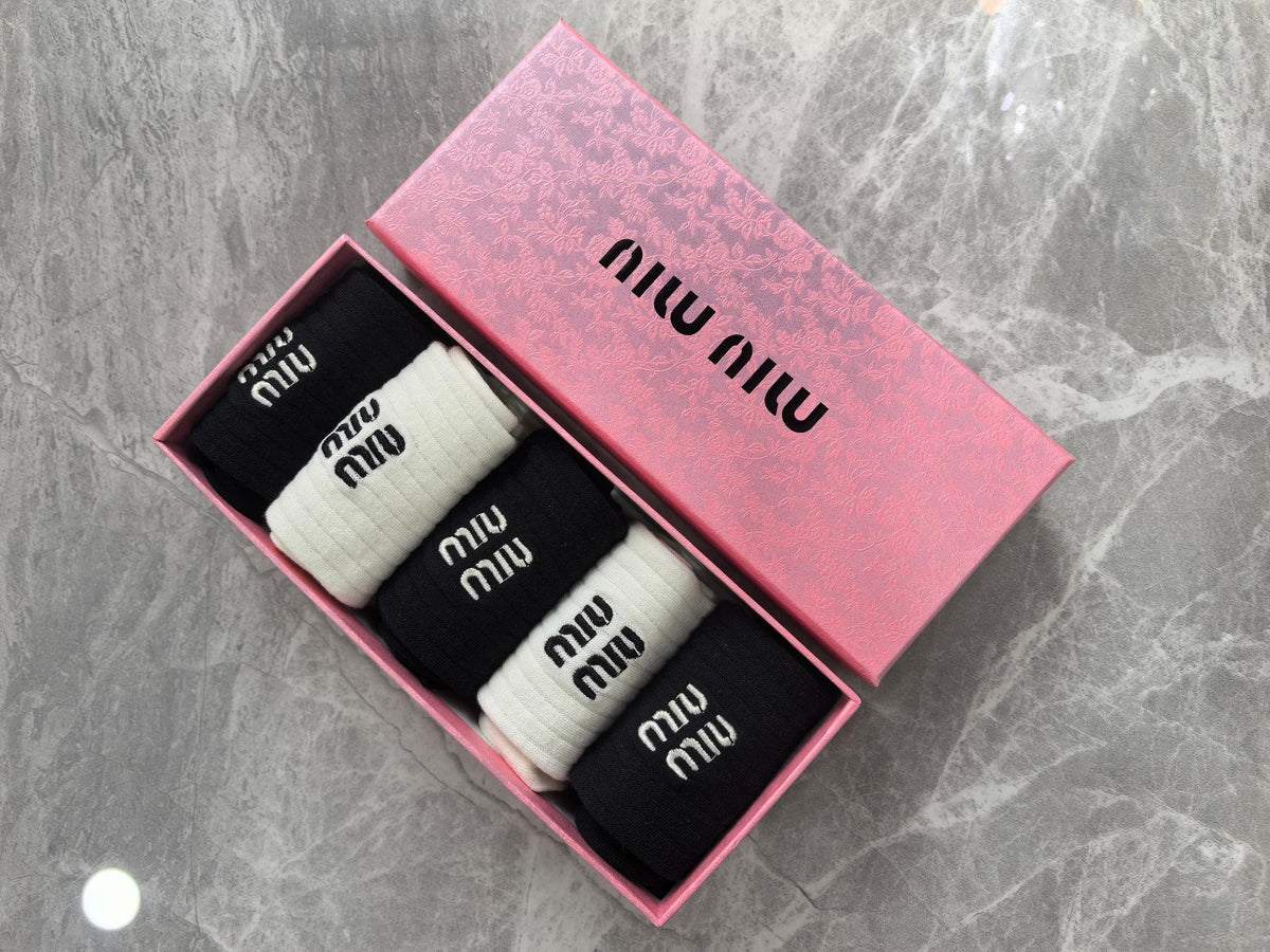 Miu Miu Boxed Black Cream Stacked Wordmarks Crew Socks, image 1