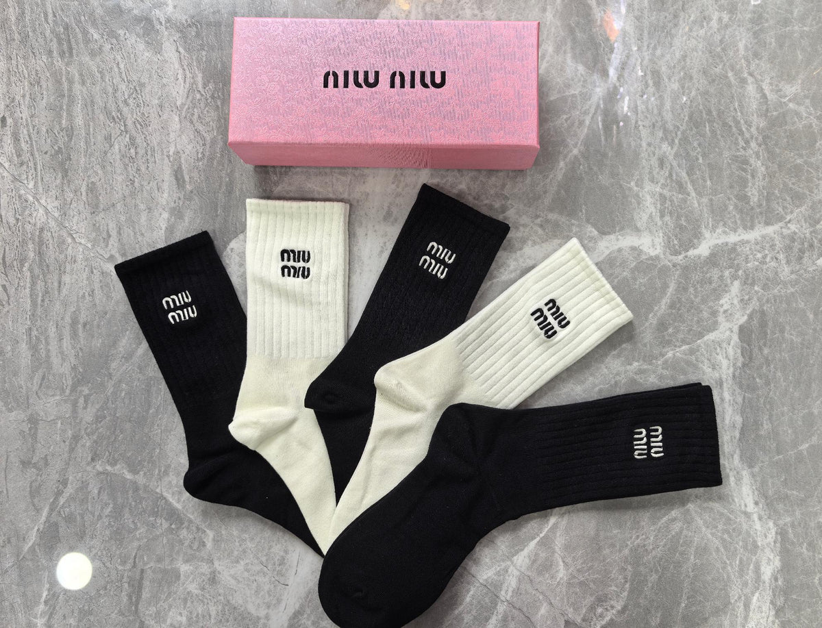 Miu Miu Boxed Black Cream Stacked Wordmarks Crew Socks, image 4