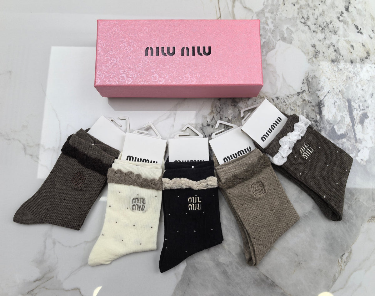 Miu Miu Earthy Neutral Frilled Cuff Wordmarks Crew Socks, image 3