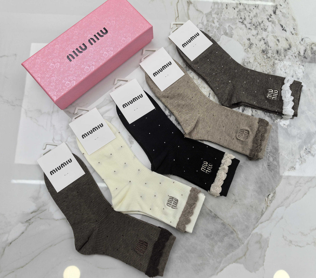 Miu Miu Earthy Neutral Frilled Cuff Wordmarks Crew Socks, image 5