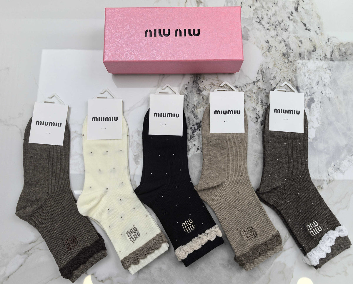 Miu Miu Earthy Neutral Frilled Cuff Wordmarks Crew Socks, image 1