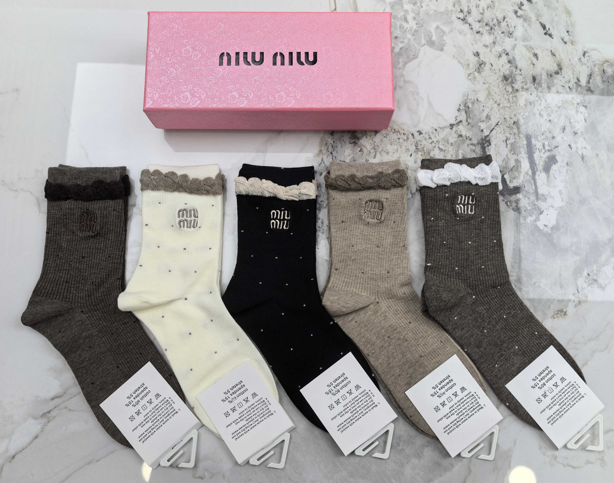 Miu Miu Earthy Neutral Frilled Cuff Wordmarks Crew Socks, image 4