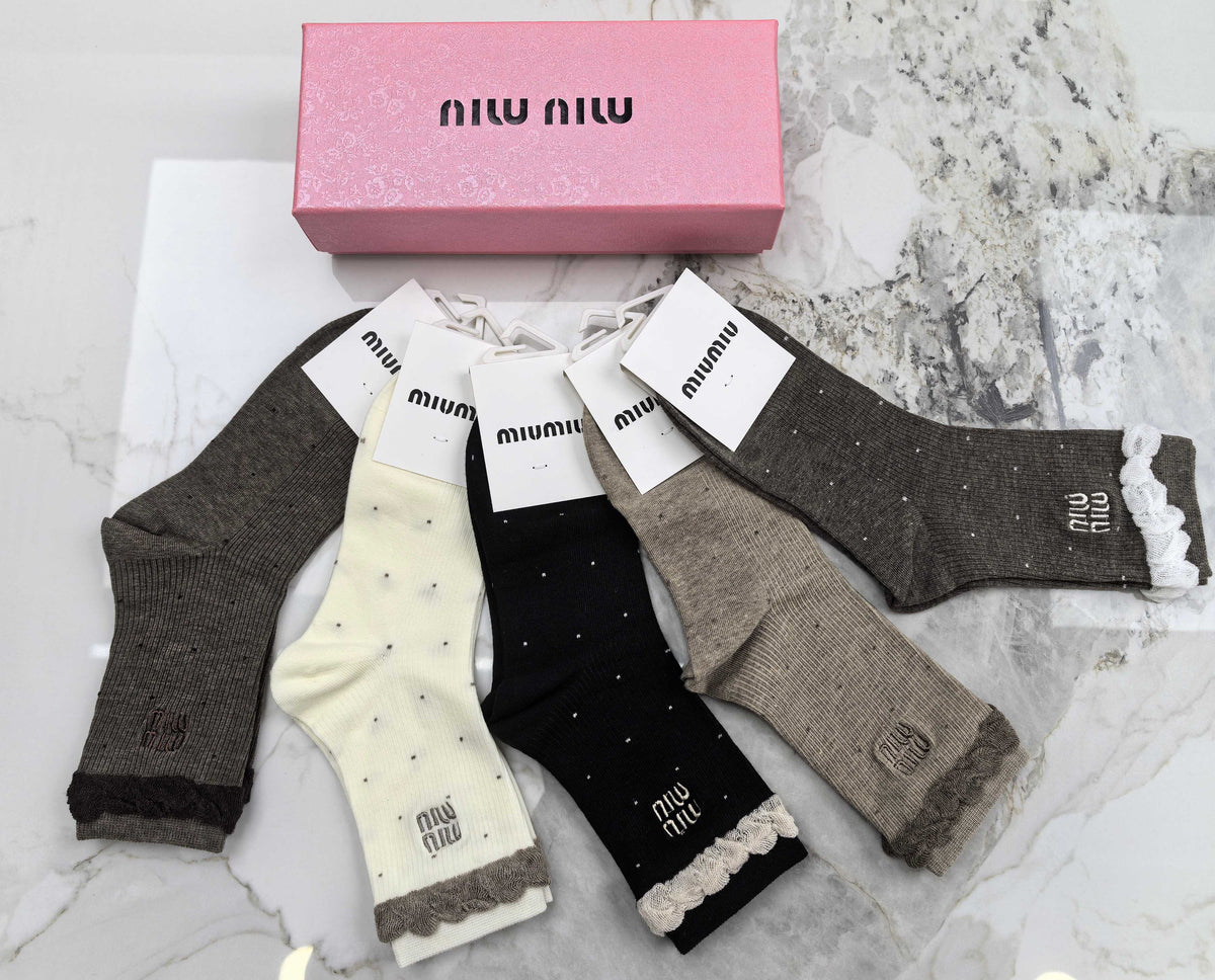 Miu Miu Earthy Neutral Frilled Cuff Wordmarks Crew Socks, image 2