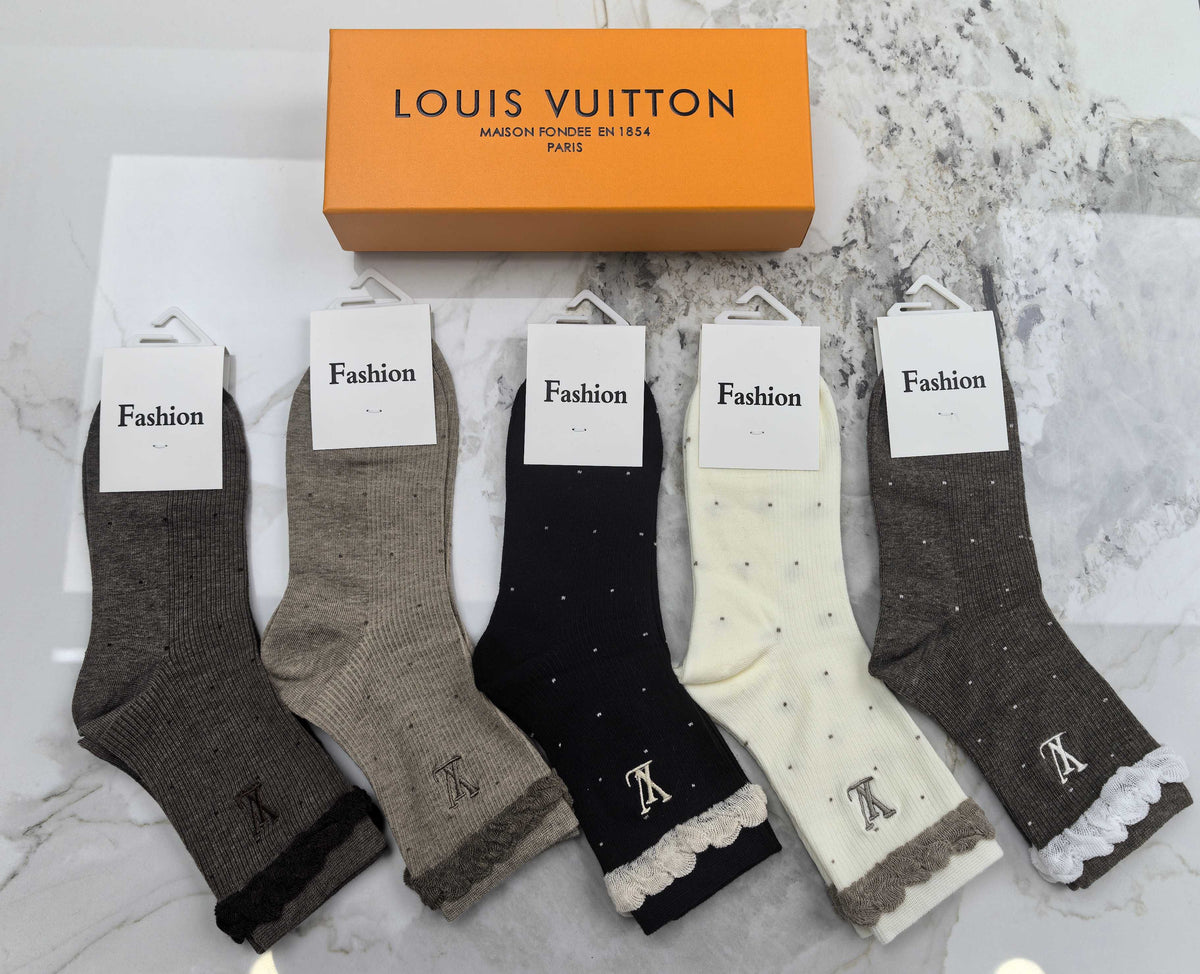 Louis Vuitton Earthy Neutral Frilled Cuff Monograms Crew Socks, image 1