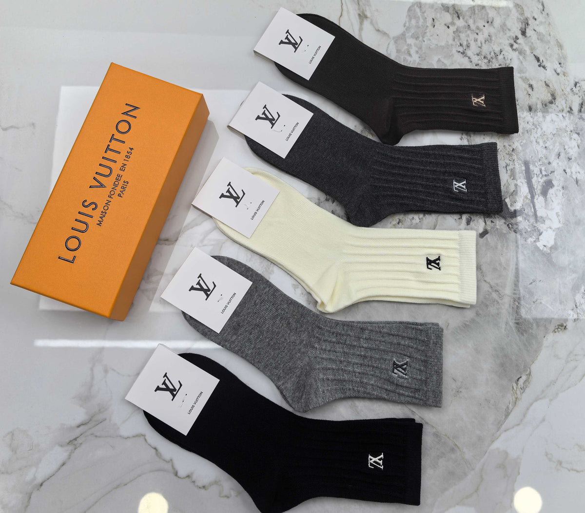 Louis Vuitton Neutral White Ribbed Cuff Monograms Crew Socks, image 5