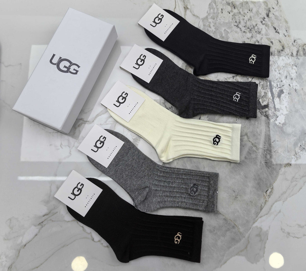 UGG Black Grey Cream Ribbed Leg Small Motif Crew Socks, image 5