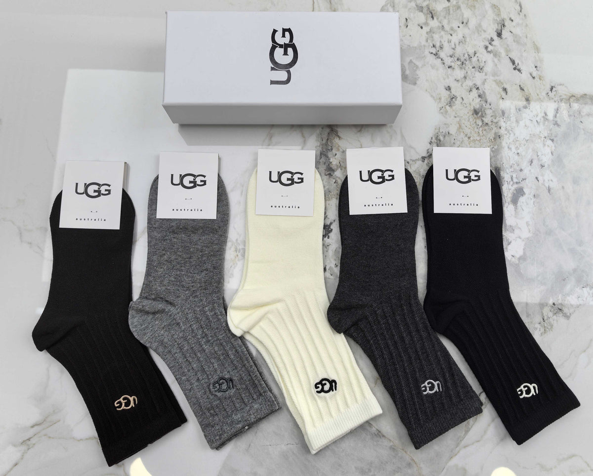 UGG Black Grey Cream Ribbed Leg Small Motif Crew Socks, image 1