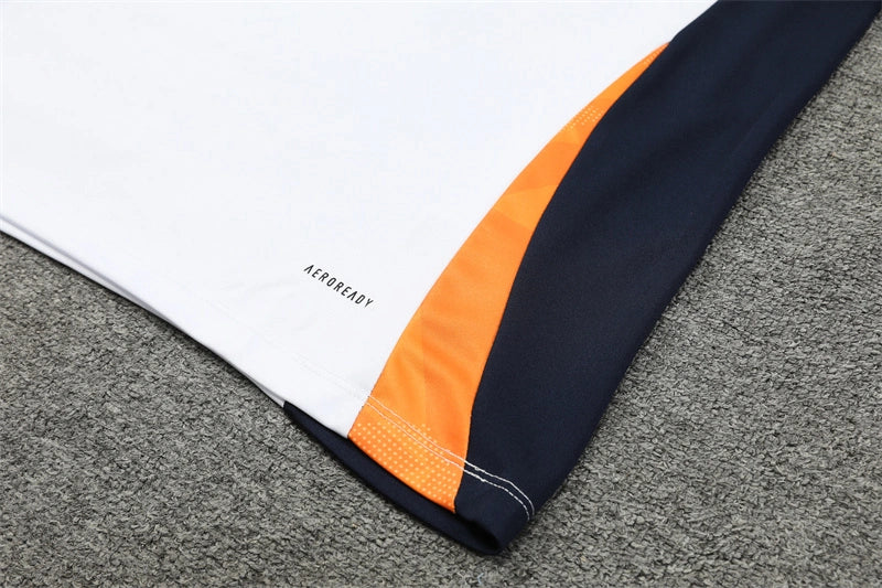 Real Madrid 2024/25 White, Navy & Orange Adidas Training Tracksuit – Quarter-Zip Top & Navy Tapered Pants | Emirates La Liga Training Suit