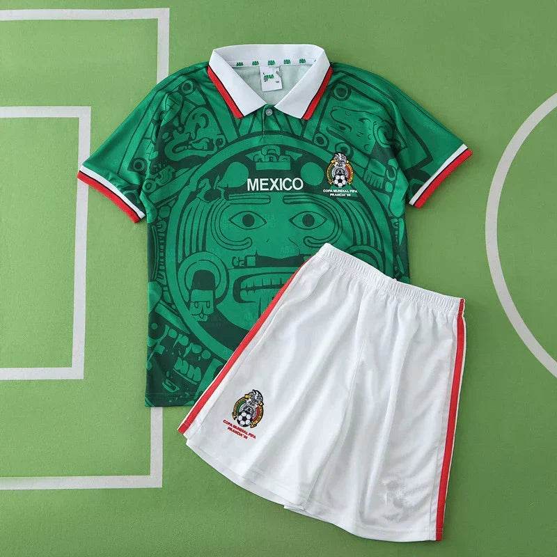 Mexico Home Retro Kids Kit 1998 – Green Aztec Sun Stone France World Cup Children's Football Shirt & Shorts Set