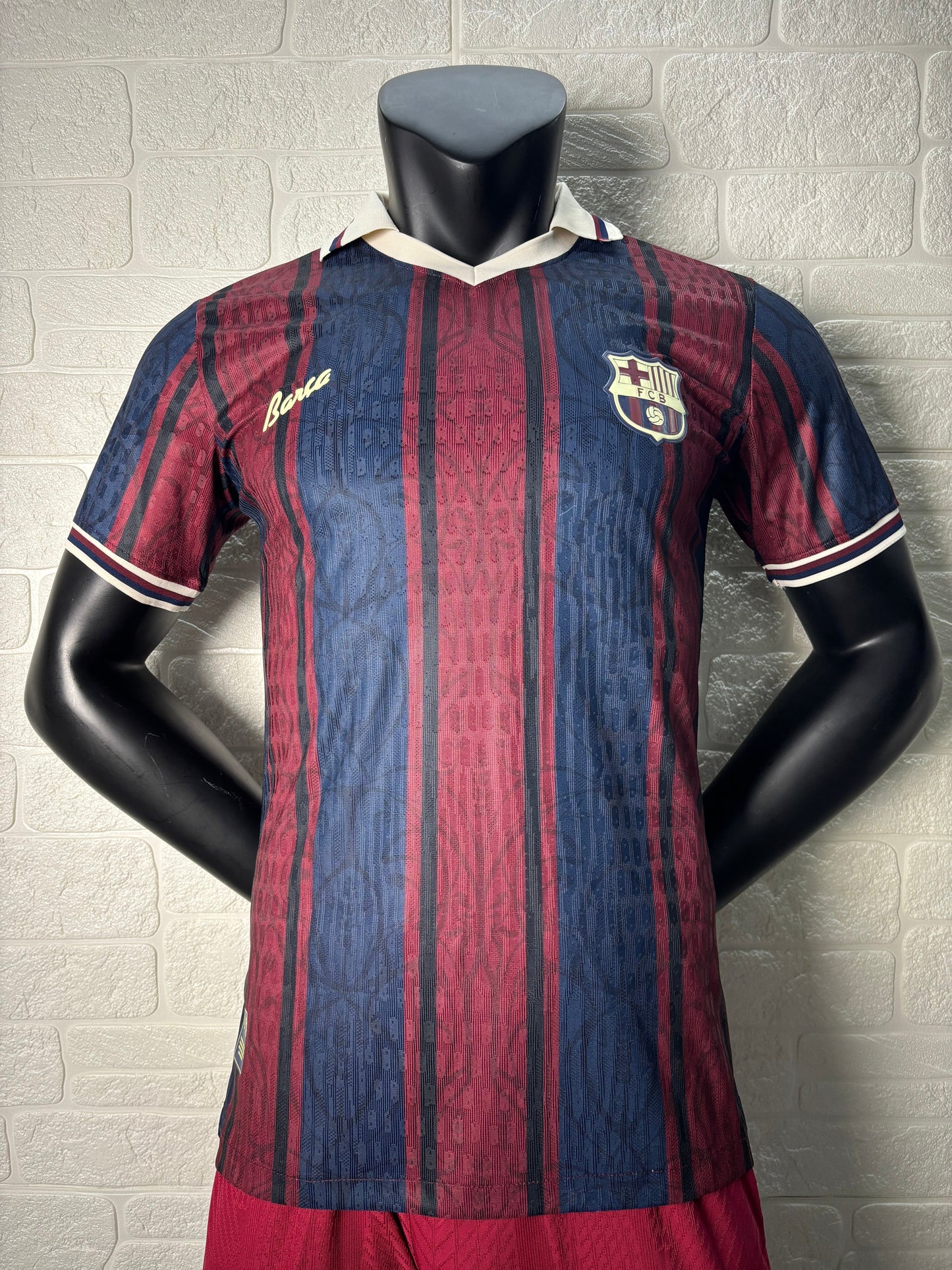 2025/26 FC Barcelona 125th Anniversary Edition Player Version Jersey - Dark Navy Blue & Deep Red Vertical Stripe - White V-Neck Collar - Gold Barça Script - Vintage FCB Crest - Clean Chest