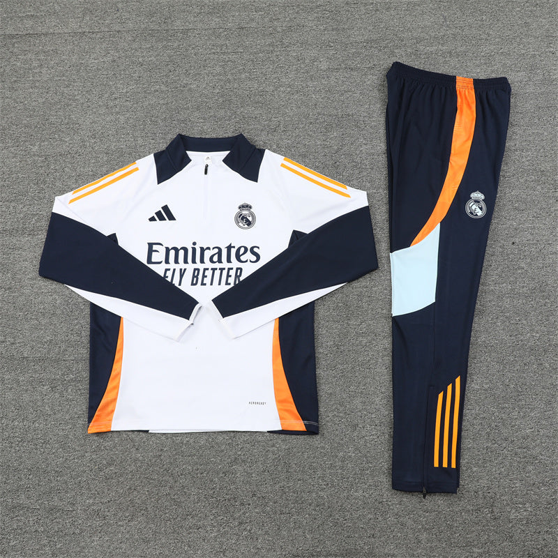 Real Madrid 2024/25 White, Navy & Orange Adidas Training Tracksuit – Quarter-Zip Top & Navy Tapered Pants | Emirates La Liga Training Suit