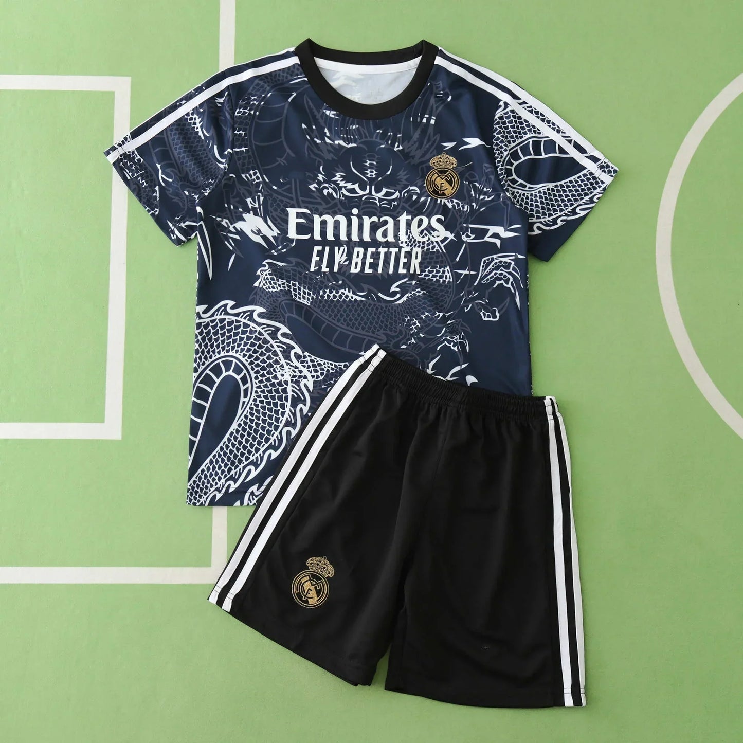 Real Madrid CF Dragon Concept Kids Kit 2024/25 – Navy Blue Football Jersey & Shorts Set