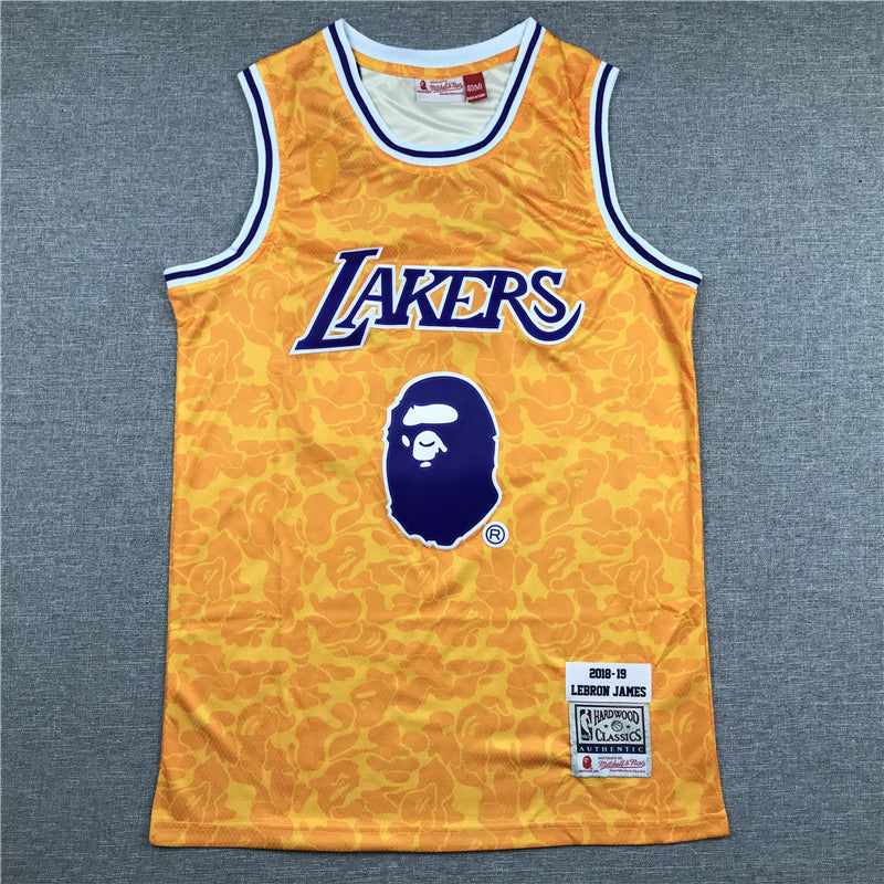 LeBron James #23 Los Angeles Lakers Gold 2018-19 BAPE × Mitchell & Ness Hardwood Classics Camo Ape Head Swingman Jersey